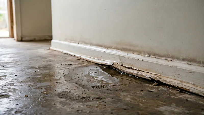 Damp concrete slab floor with water pooling near a wall, a slab leak symptom