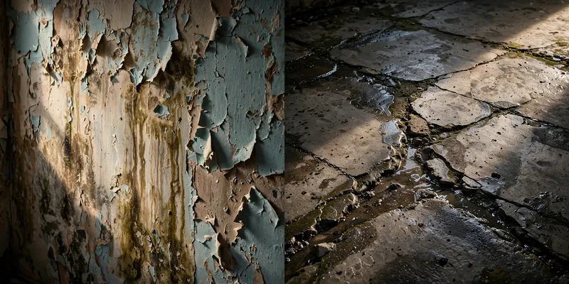 Side-by-side comparison of a water-stained interior wall and a cracked concrete foundation with moisture