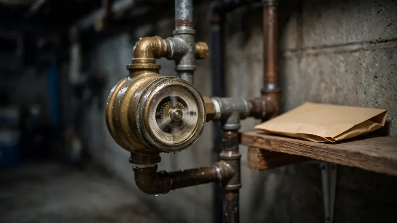 Residential water meter next to a utility bill — a sudden high water bill can mean a hidden leak