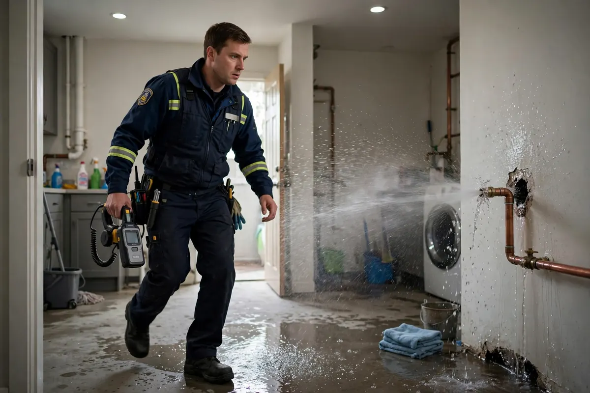 Emergency leak detection technician responding to an active water leak in Camden, NJ