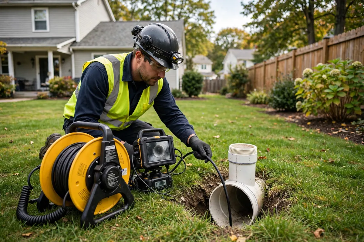 Sewer line leak detection camera inspection in a residential yard in Camden, NJ