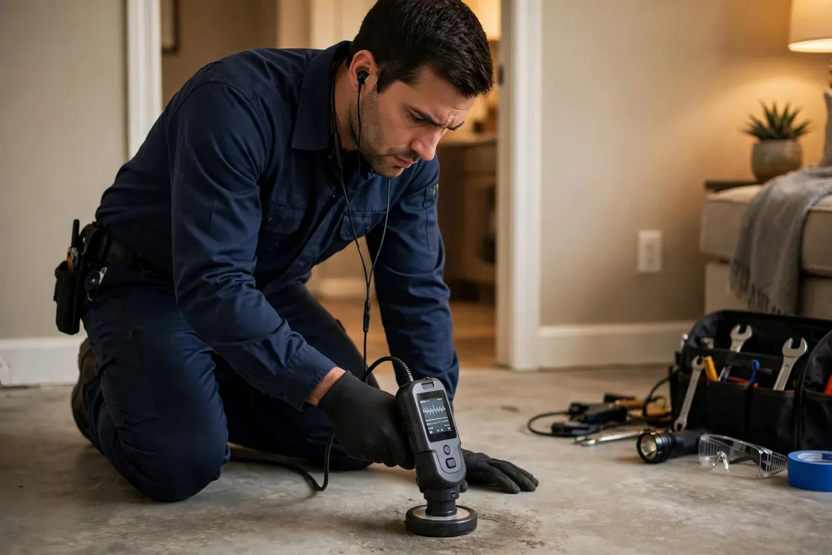 Leak detection technician using acoustic equipment to pinpoint a slab leak under a concrete floor in Camden, NJ